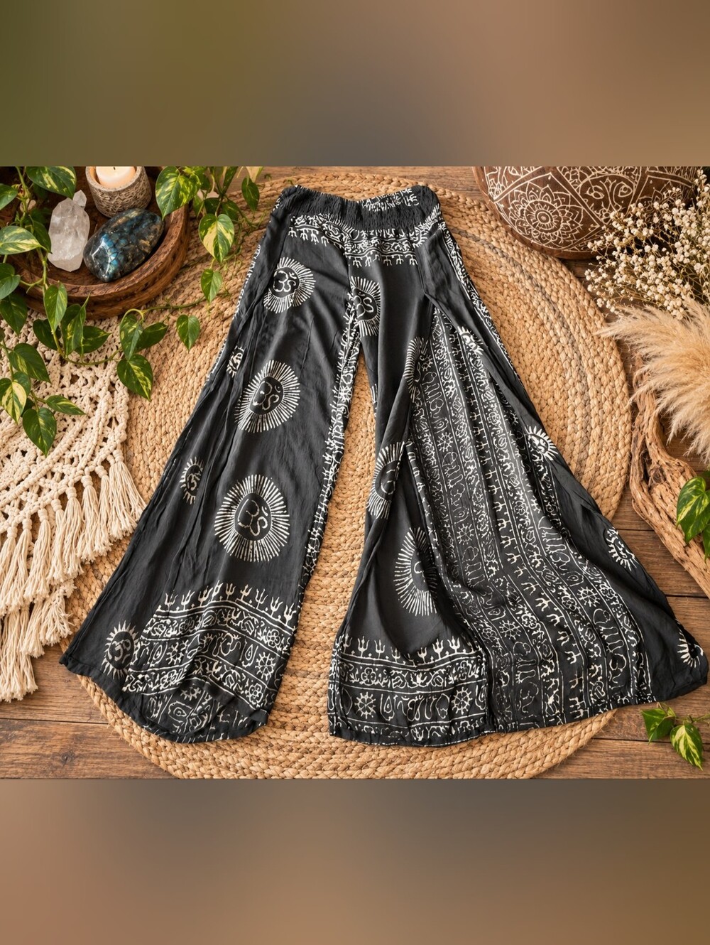 Earthbound Trading Company Bohemian Wide Side Split-Leg Black Palazzo Pants